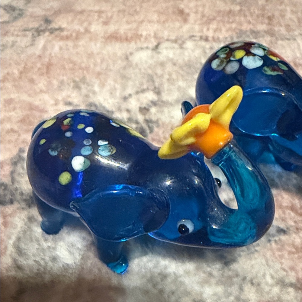 Blue Glass Elephant Figurines with Floral Accents - Picture 3 of 14
